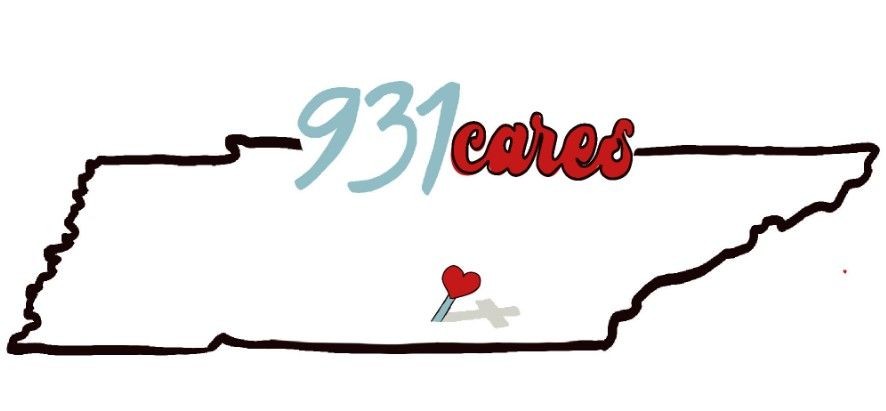 Outline of Tennessee with '931 cares' text and heart-marker symbol.